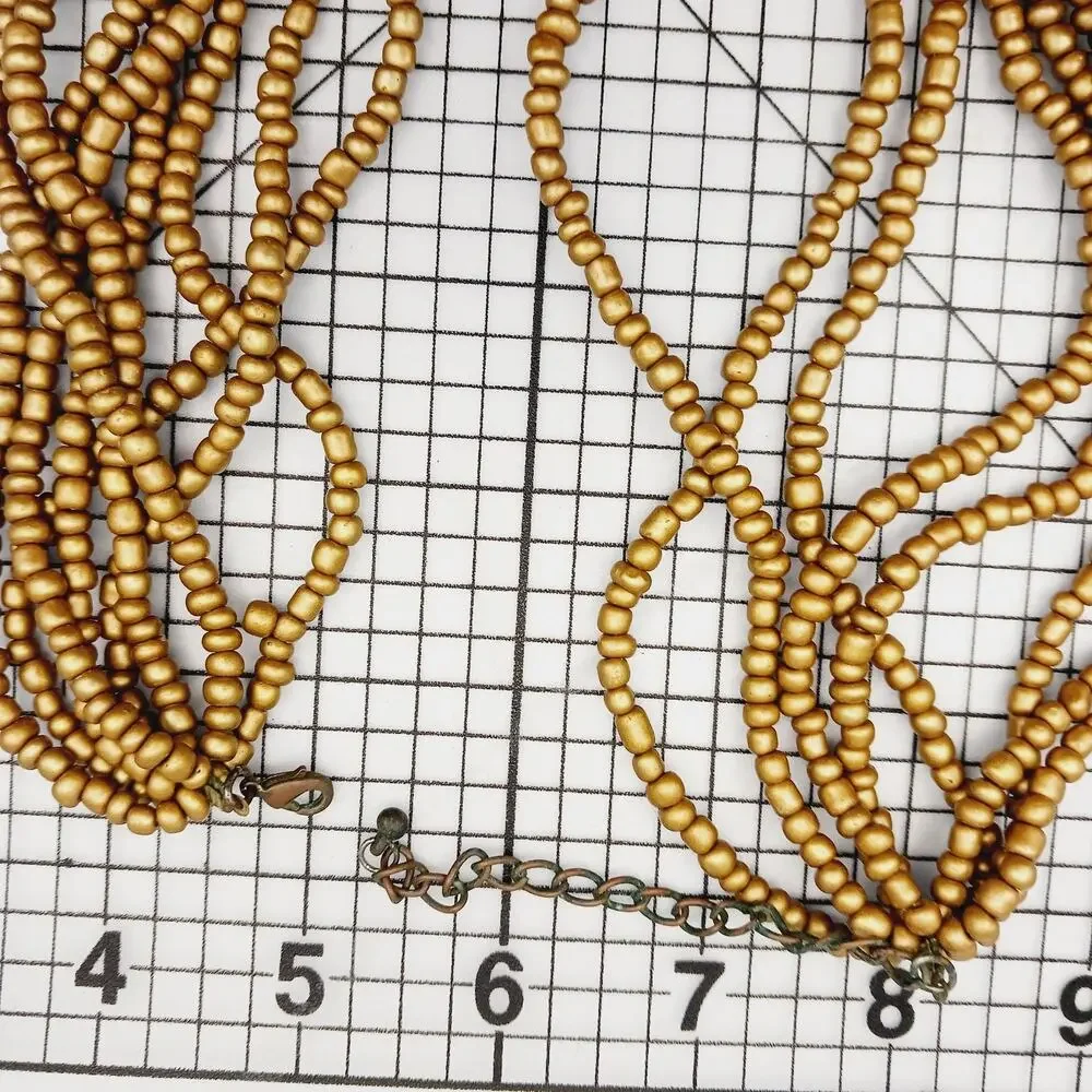 Necklace VTG Multi Strand Seed Bead Shell Flower Pendant Boho Tribal Statement